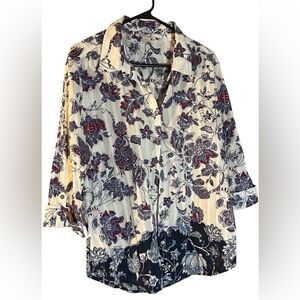 Allison Daley Floral Print Button-Up Lagen look classic cotton work shirt Large